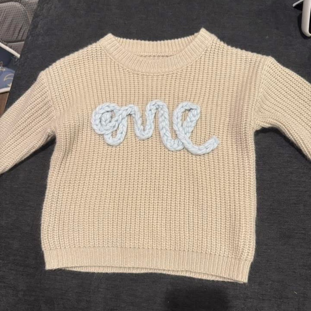 Cream Knit Sweater with Blue 'One' Design